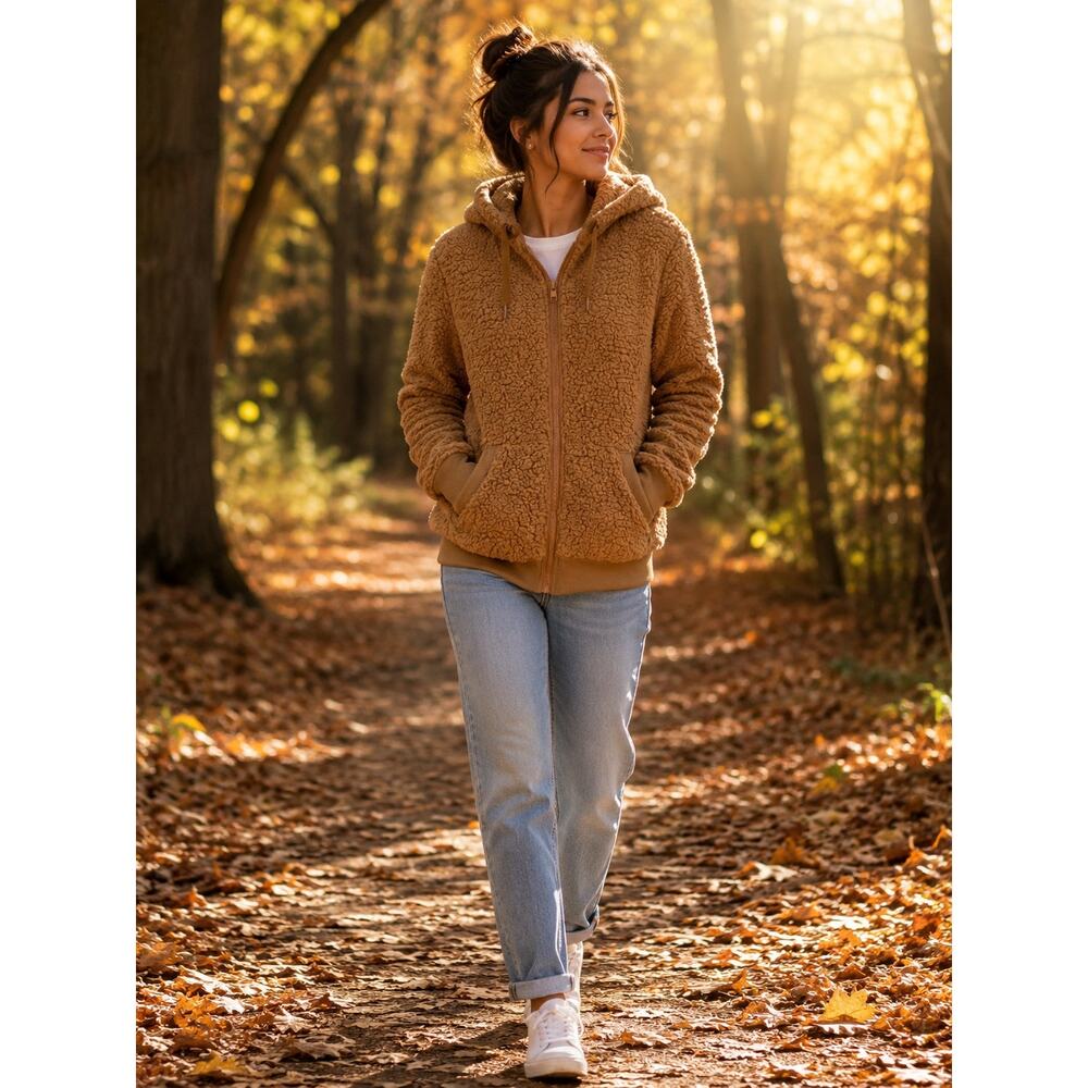 NWT Papermoon Sherpa Fleece Brown Sz L Hood Full Zip Pockets Fall Teddy Jacket